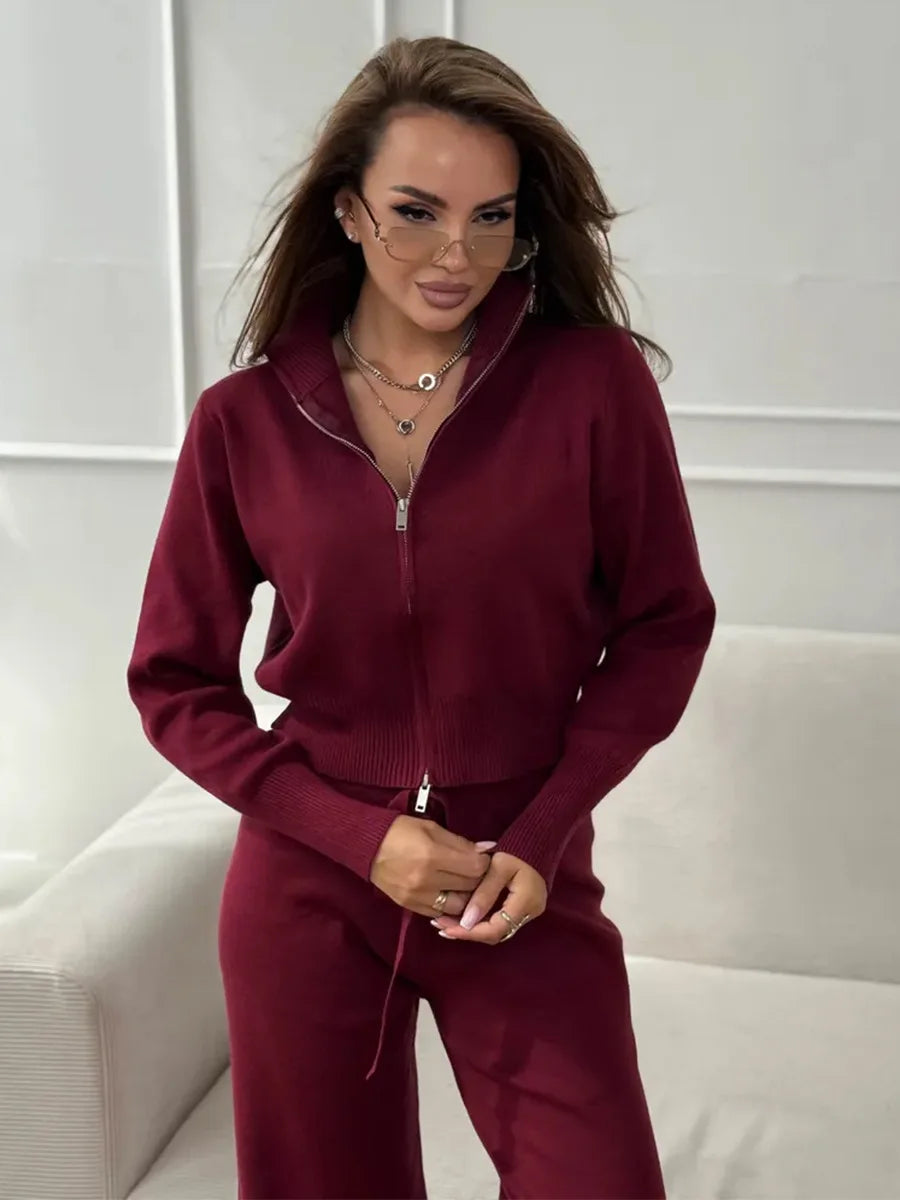 Women's Matching Sets Bornladies Women's New Knit Zip Up Cardigan Wide Leg Pants Set Soft Fabric Cropped Elastic Waist Autumn Winter Fashion Sweater