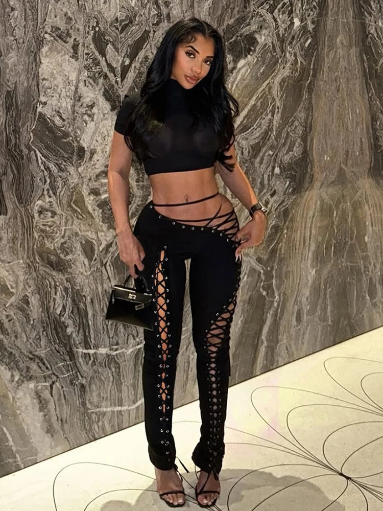 Matching 2 piece Set for Women Hipster Halter Camisole+Shirring Hollow Pants Midnight Matching Stretch Clubwear Skinny Outfits