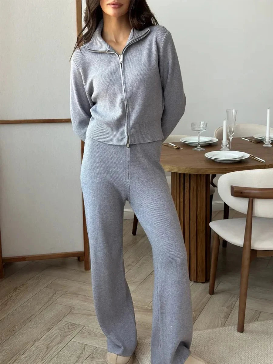 Women's Matching Sets Bornladies Women's New Knit Zip Up Cardigan Wide Leg Pants Set Soft Fabric Cropped Elastic Waist Autumn Winter Fashion Sweater