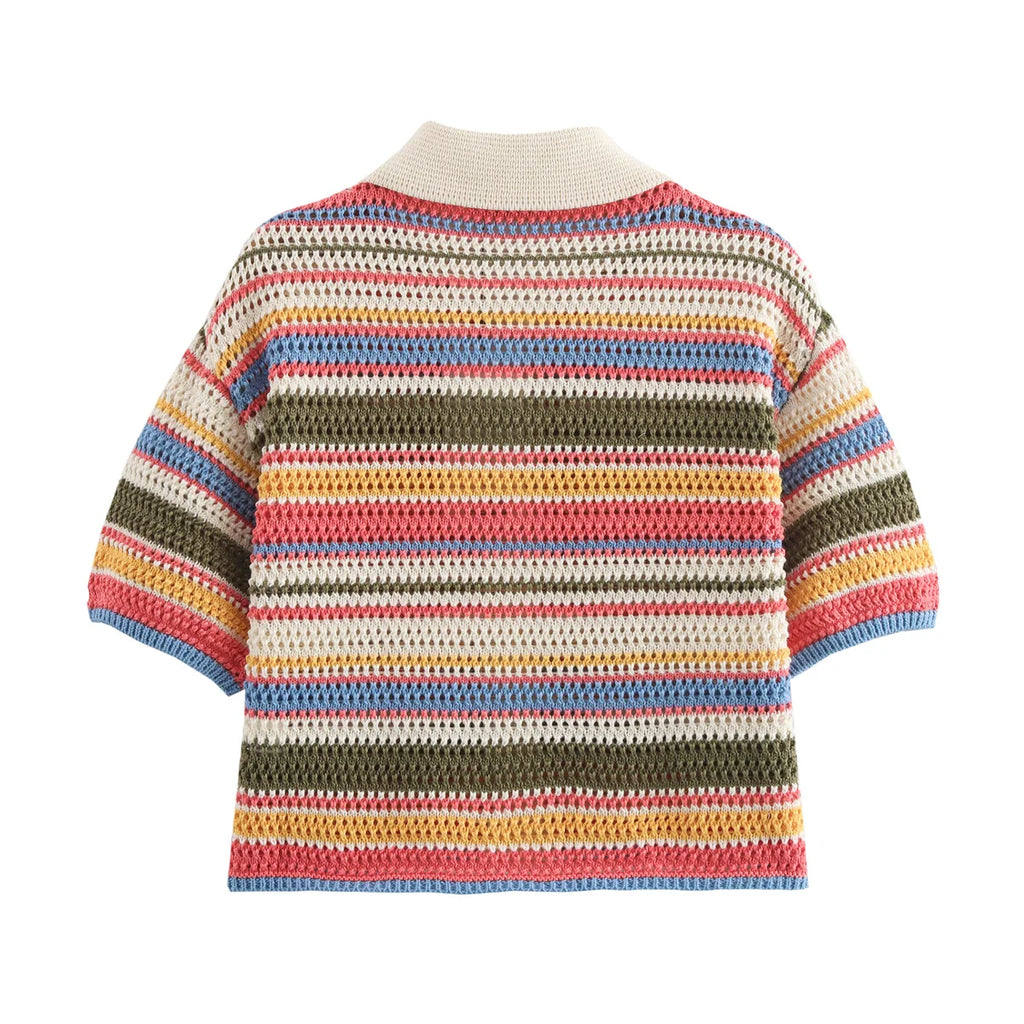 Color Stripe Knit Set Women Short Polo Neck Crop Top Retro Beach Shorts 2025 Summer Vacation Matching Outfit