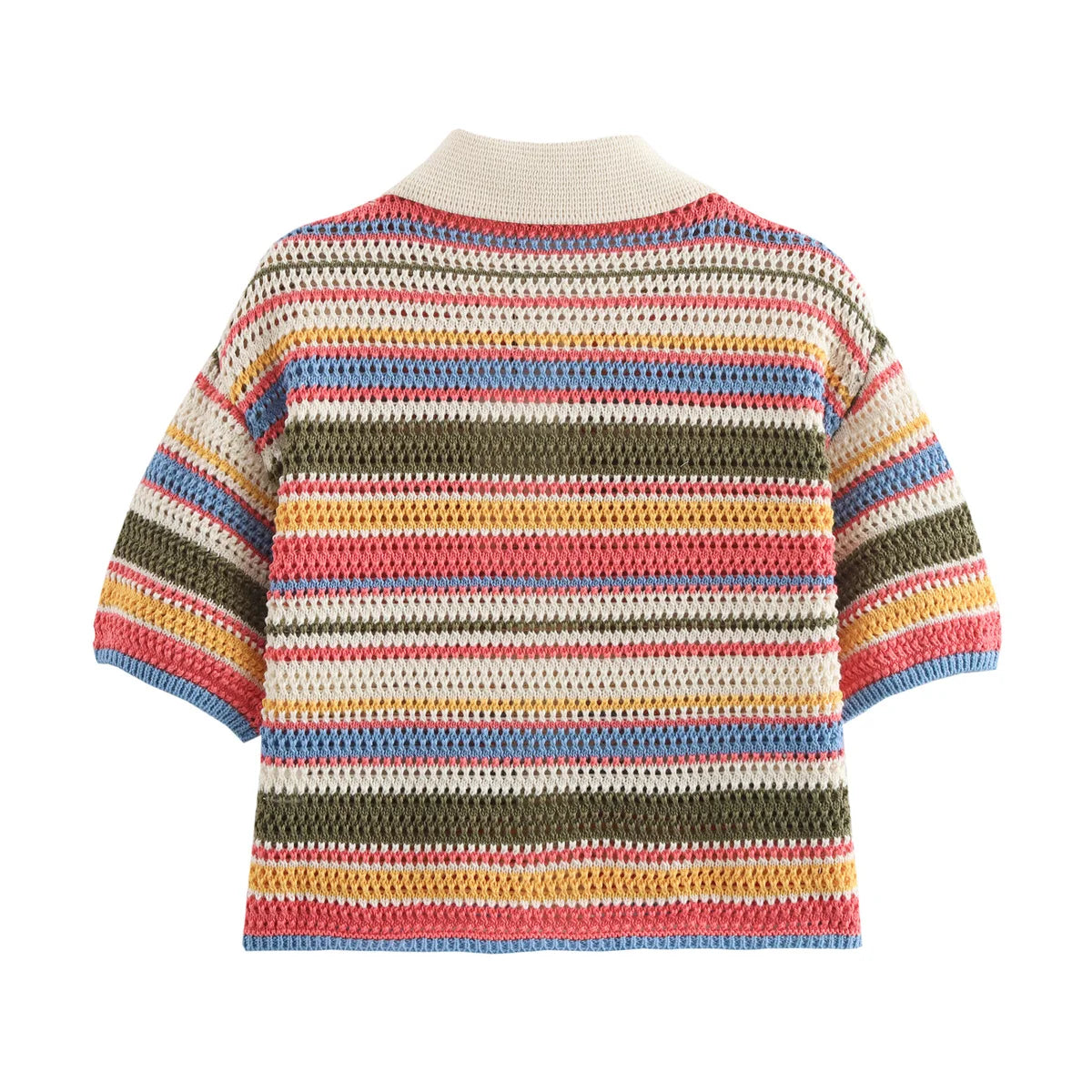 Color Stripe Knit Set Women Short Polo Neck Crop Top Retro Beach Shorts 2025 Summer Vacation Matching Outfit