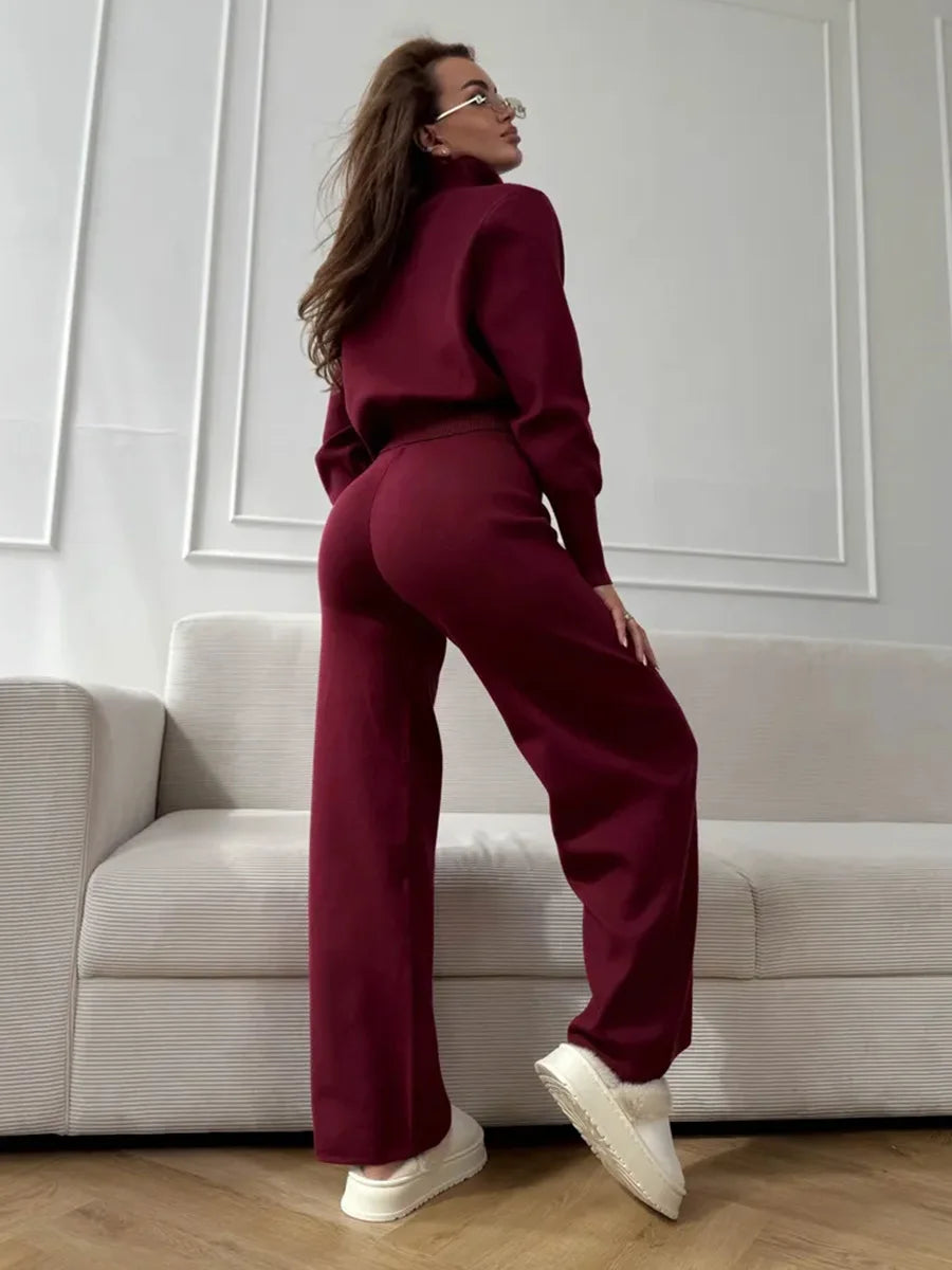 Women's Matching Sets Bornladies Women's New Knit Zip Up Cardigan Wide Leg Pants Set Soft Fabric Cropped Elastic Waist Autumn Winter Fashion Sweater