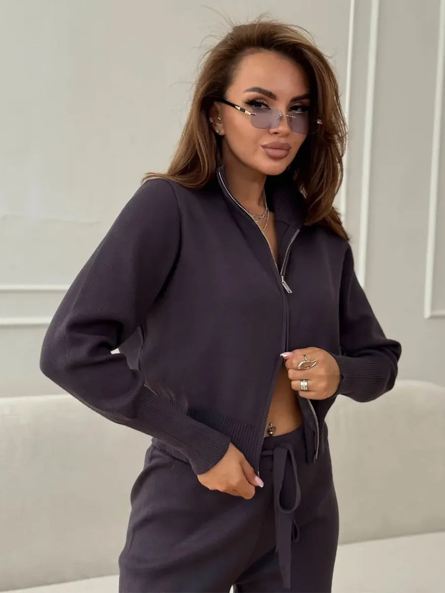 Women's Matching Sets Bornladies Women's New Knit Zip Up Cardigan Wide Leg Pants Set Soft Fabric Cropped Elastic Waist Autumn Winter Fashion Sweater