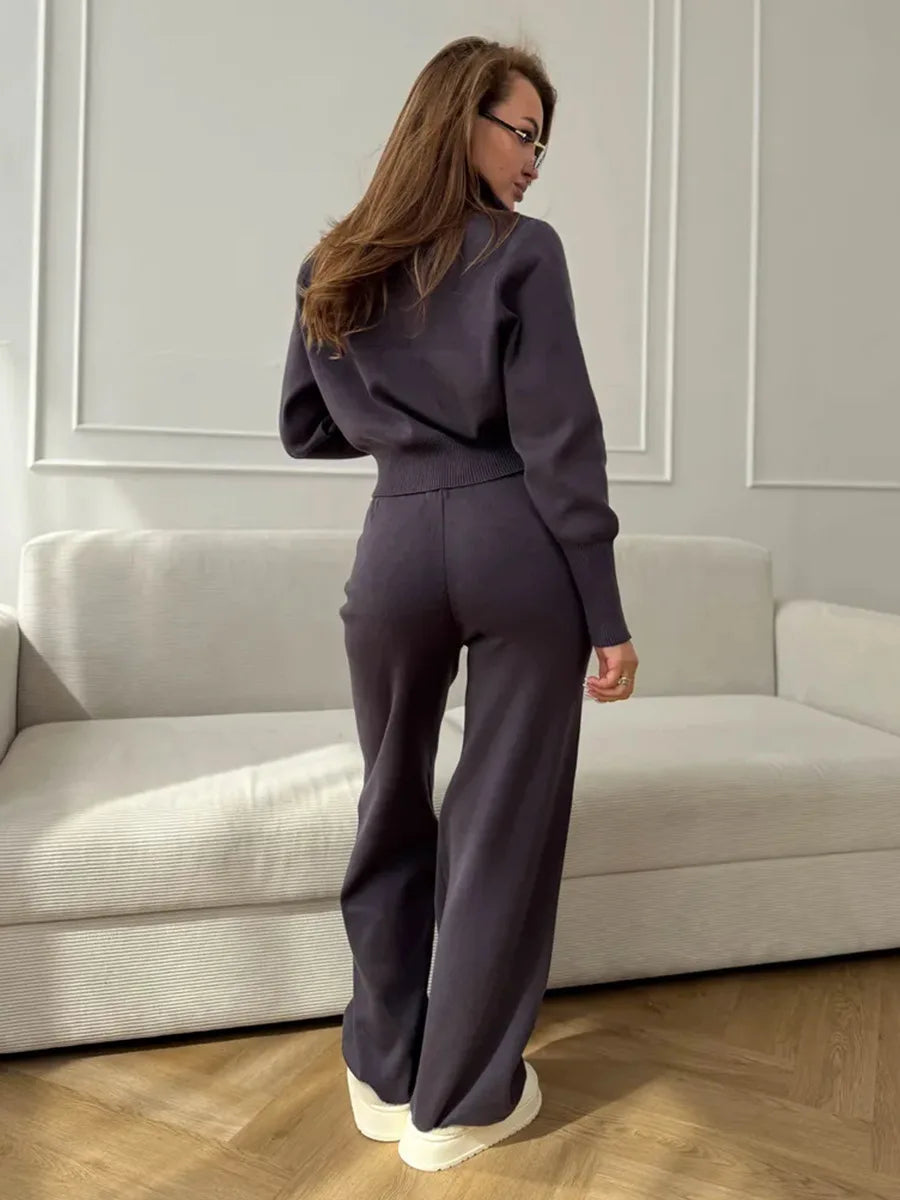 Women's Matching Sets Bornladies Women's New Knit Zip Up Cardigan Wide Leg Pants Set Soft Fabric Cropped Elastic Waist Autumn Winter Fashion Sweater