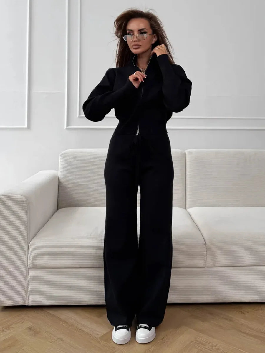 Women's Matching Sets Bornladies Women's New Knit Zip Up Cardigan Wide Leg Pants Set Soft Fabric Cropped Elastic Waist Autumn Winter Fashion Sweater
