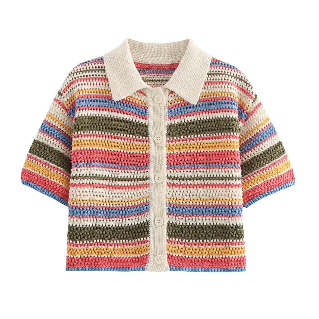 Color Stripe Knit Set Women Short Polo Neck Crop Top Retro Beach Shorts 2025 Summer Vacation Matching Outfit