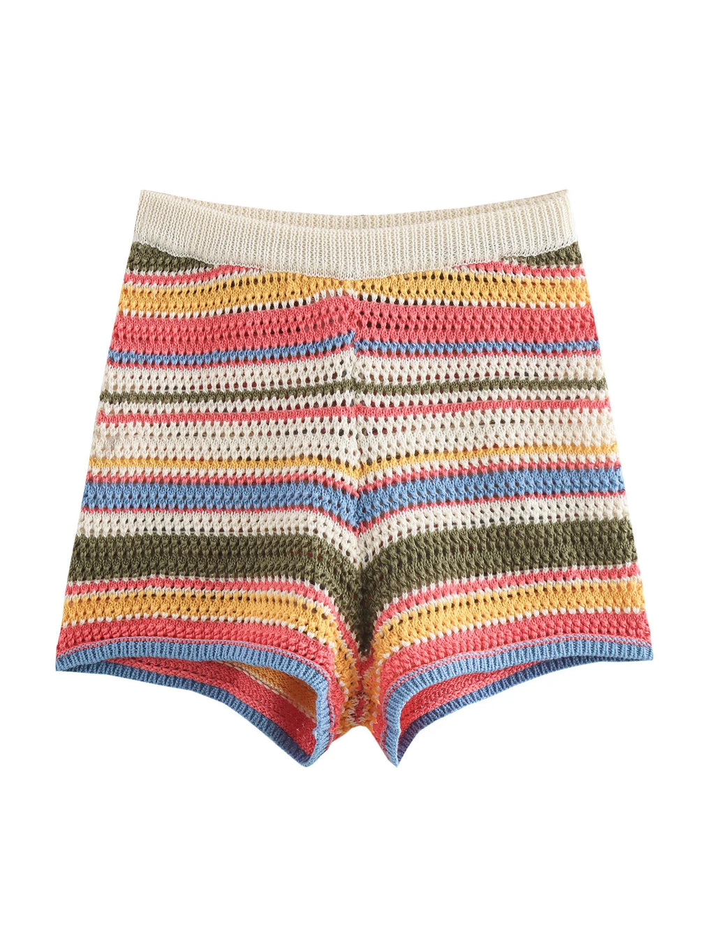 Color Stripe Knit Set Women Short Polo Neck Crop Top Retro Beach Shorts 2025 Summer Vacation Matching Outfit