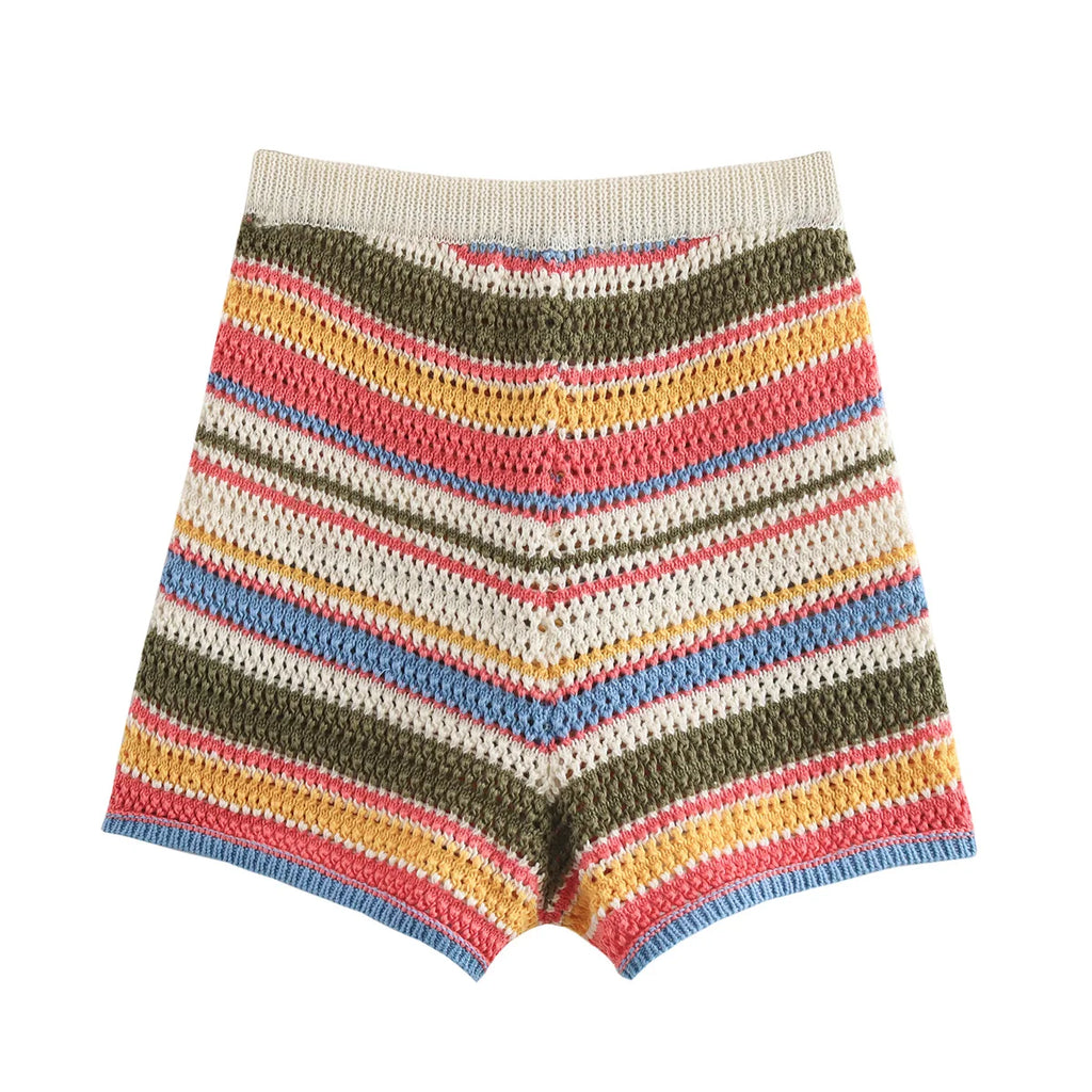 Color Stripe Knit Set Women Short Polo Neck Crop Top Retro Beach Shorts 2025 Summer Vacation Matching Outfit