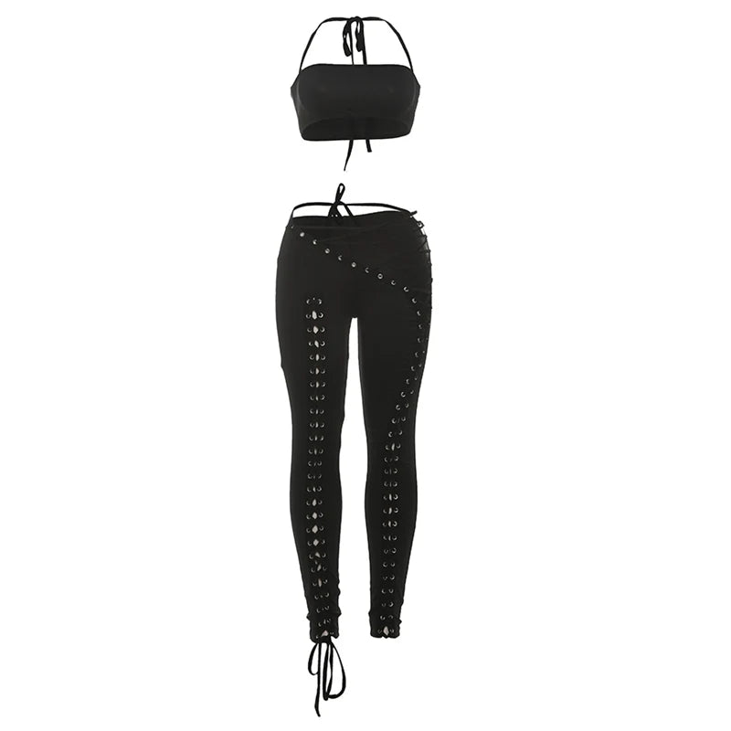 Matching 2 piece Set for Women Hipster Halter Camisole+Shirring Hollow Pants Midnight Matching Stretch Clubwear Skinny Outfits