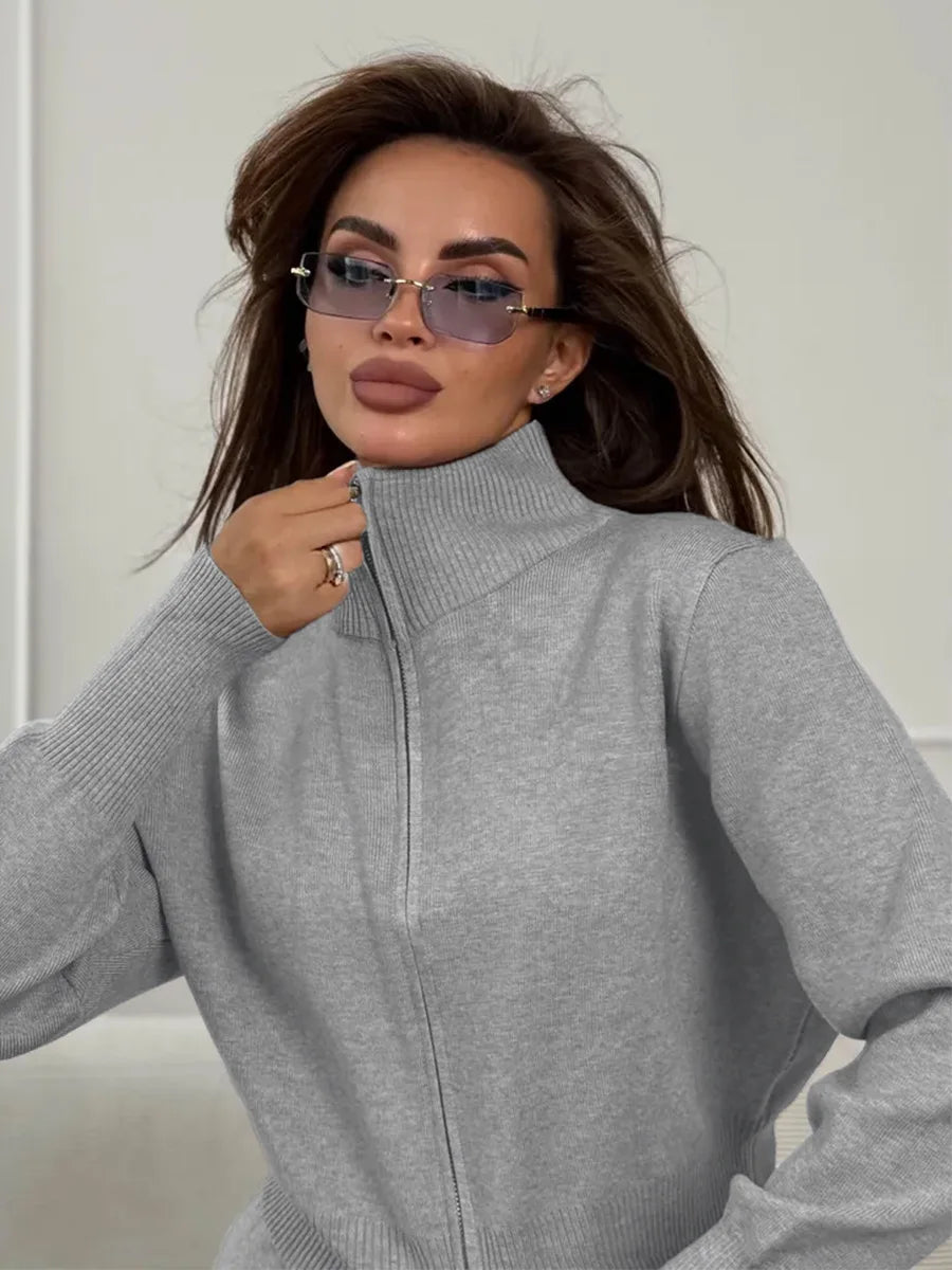 Women's Matching Sets Bornladies Women's New Knit Zip Up Cardigan Wide Leg Pants Set Soft Fabric Cropped Elastic Waist Autumn Winter Fashion Sweater