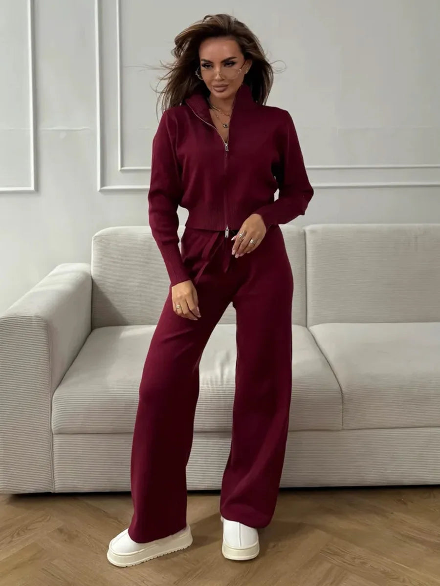 Women's Matching Sets Bornladies Women's New Knit Zip Up Cardigan Wide Leg Pants Set Soft Fabric Cropped Elastic Waist Autumn Winter Fashion Sweater