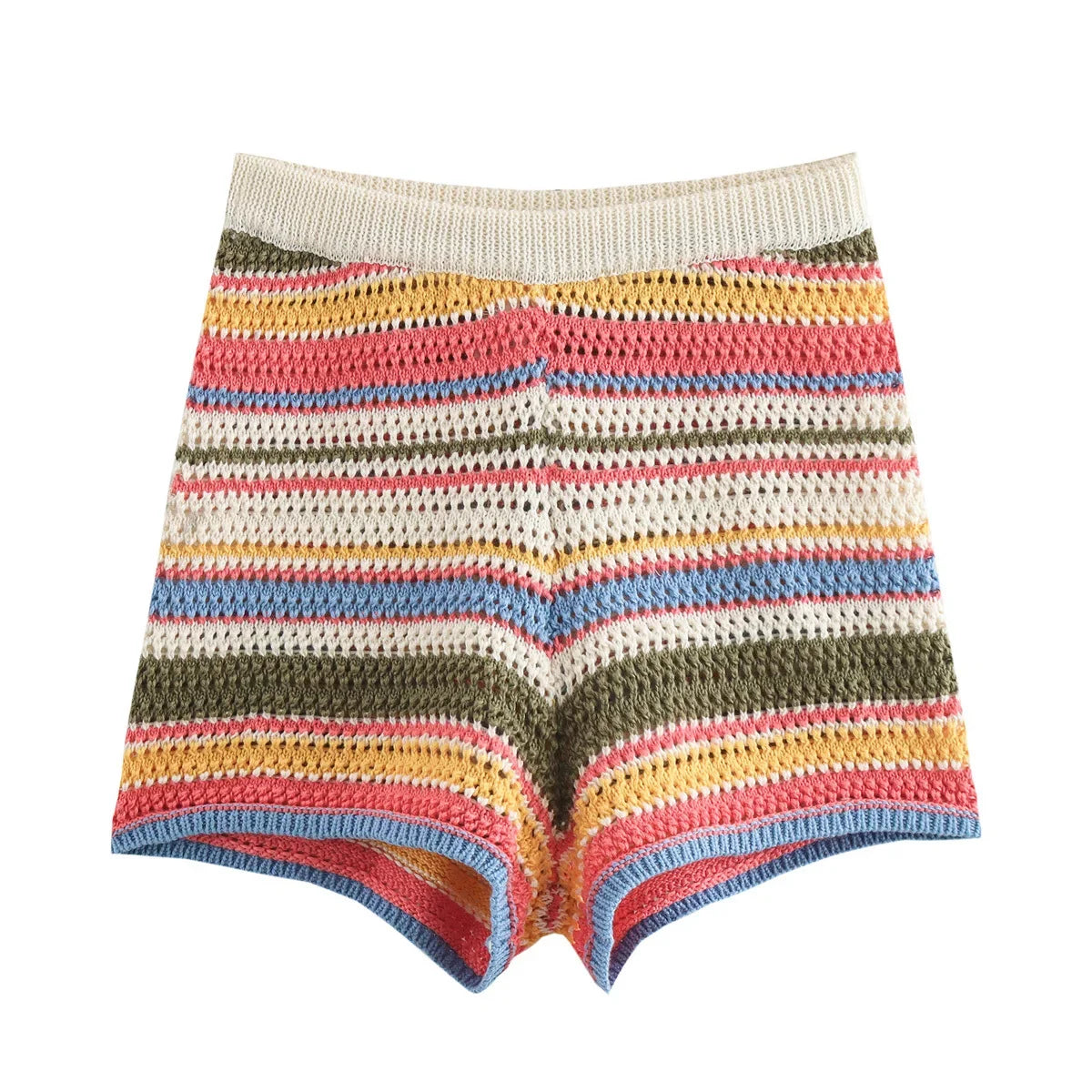 Color Stripe Knit Set Women Short Polo Neck Crop Top Retro Beach Shorts 2025 Summer Vacation Matching Outfit