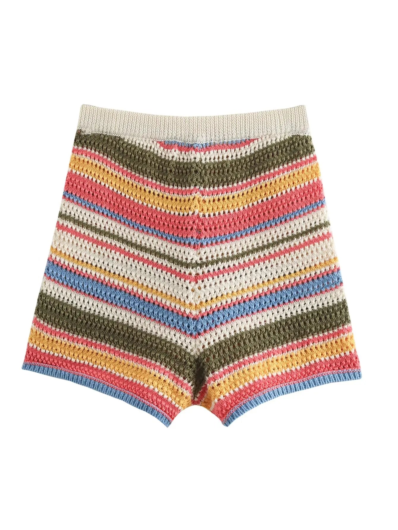 Color Stripe Knit Set Women Short Polo Neck Crop Top Retro Beach Shorts 2025 Summer Vacation Matching Outfit
