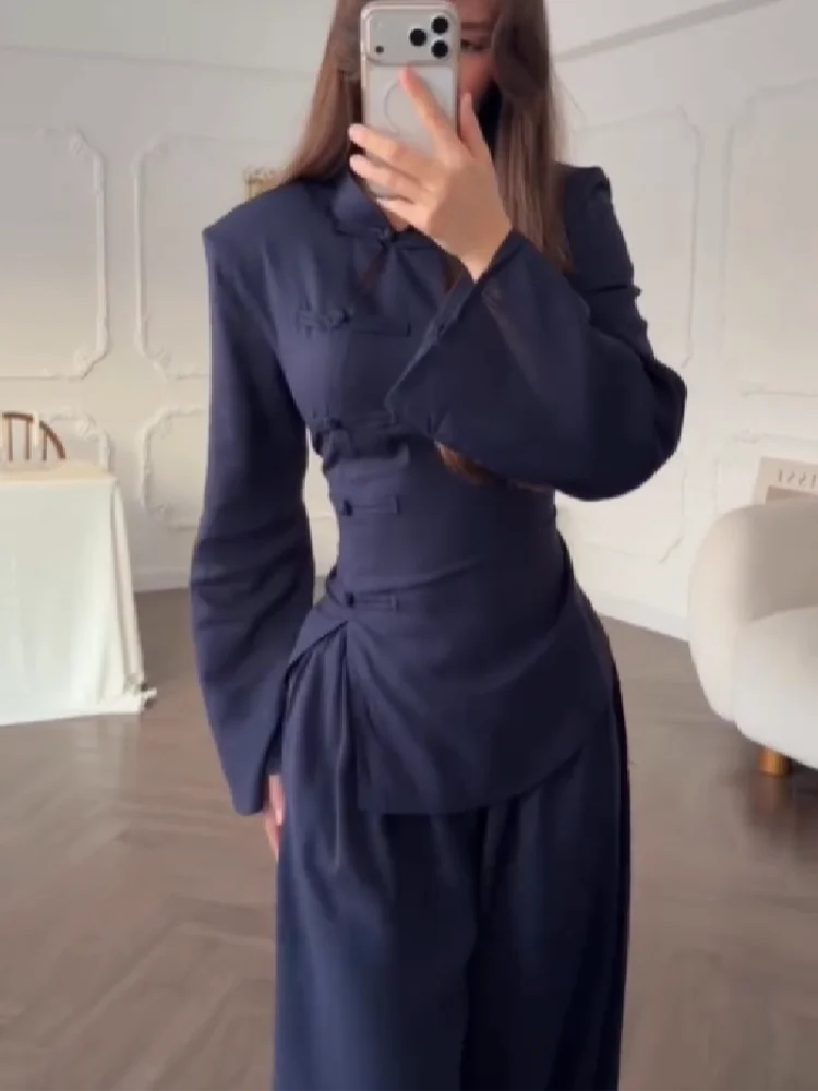 Modern Cheongsam Inspired 2 Piece Set for Women Elegant High Neck Waist Slimming Top Casual Wide Leg Pants 2026 New Commuting Clothing