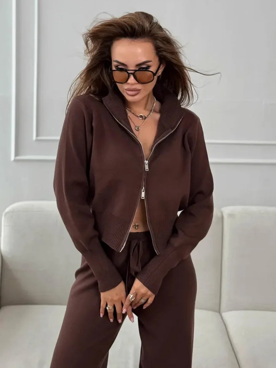 Women's Matching Sets Bornladies Women's New Knit Zip Up Cardigan Wide Leg Pants Set Soft Fabric Cropped Elastic Waist Autumn Winter Fashion Sweater