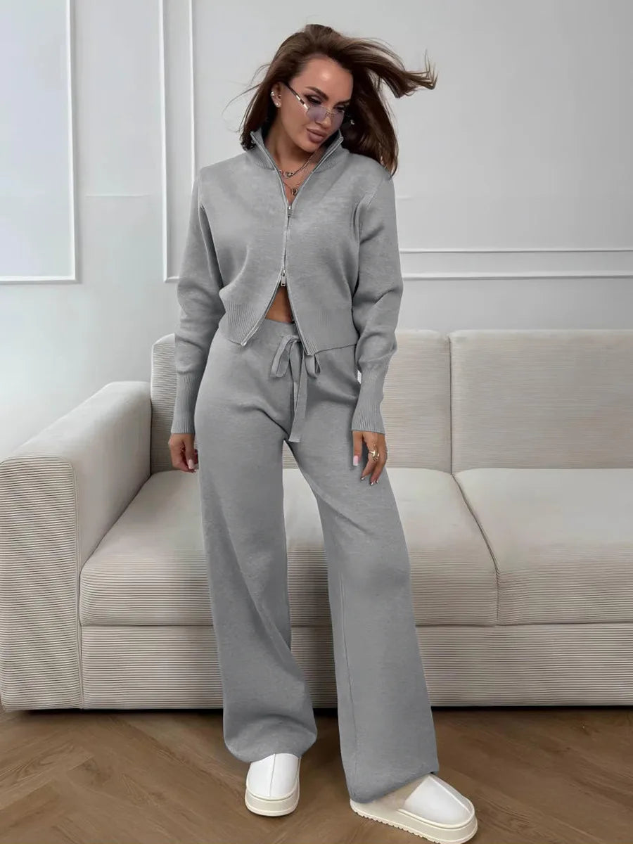 Women's Matching Sets Bornladies Women's New Knit Zip Up Cardigan Wide Leg Pants Set Soft Fabric Cropped Elastic Waist Autumn Winter Fashion Sweater