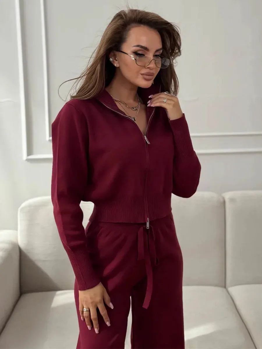Women's Matching Sets Bornladies Women's New Knit Zip Up Cardigan Wide Leg Pants Set Soft Fabric Cropped Elastic Waist Autumn Winter Fashion Sweater