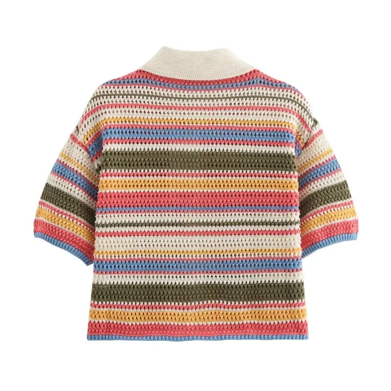 Color Stripe Knit Set Women Short Polo Neck Crop Top Retro Beach Shorts 2025 Summer Vacation Matching Outfit