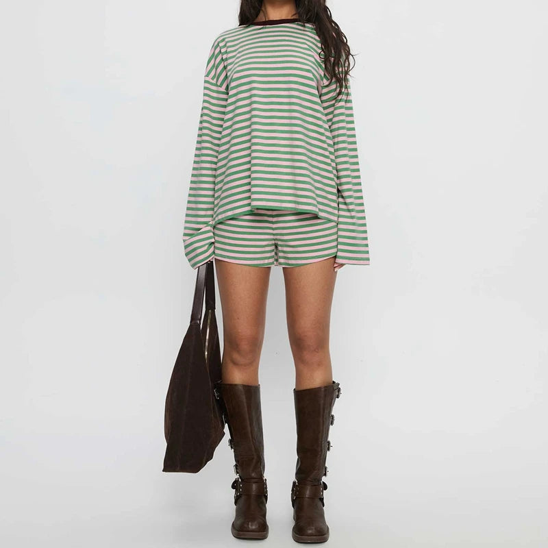 Women Matching 2 Piece Set Striped Lounge Set Preppy Oversized Long Sleeve T-Shirt Tops and Shorts Matching Suit Spring Fall Casual Outfits