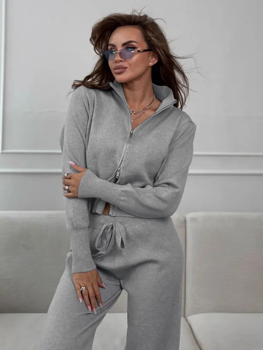 Women's Matching Sets Bornladies Women's New Knit Zip Up Cardigan Wide Leg Pants Set Soft Fabric Cropped Elastic Waist Autumn Winter Fashion Sweater