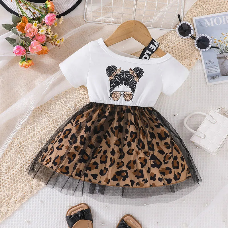 Children's Short Sleeve Dress 1-5Y Trendy Girls Patchwork Leopard Print Mesh Dresses Kid's Summer Clothes Girls Outfit