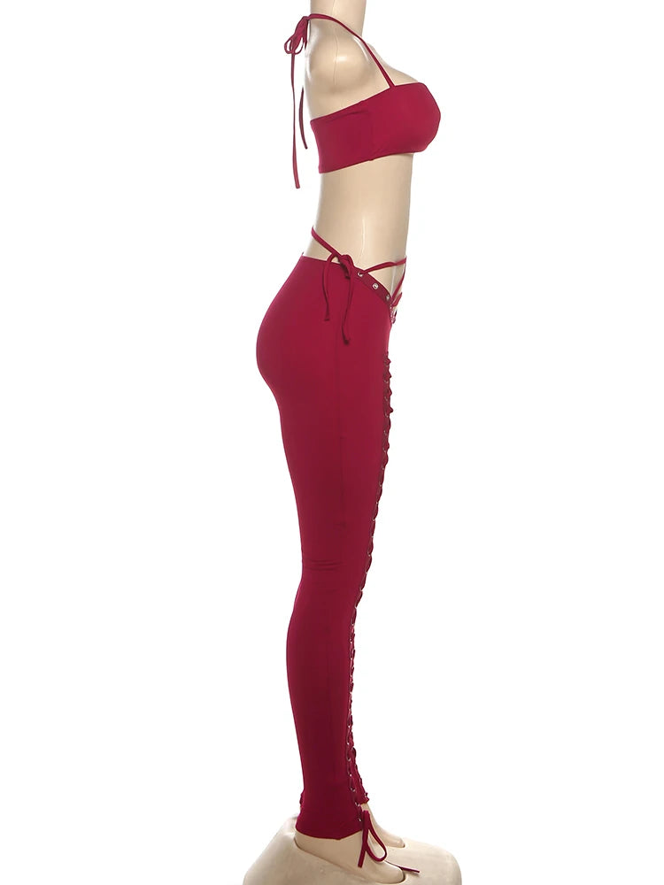 Matching 2 piece Set for Women Hipster Halter Camisole+Shirring Hollow Pants Midnight Matching Stretch Clubwear Skinny Outfits