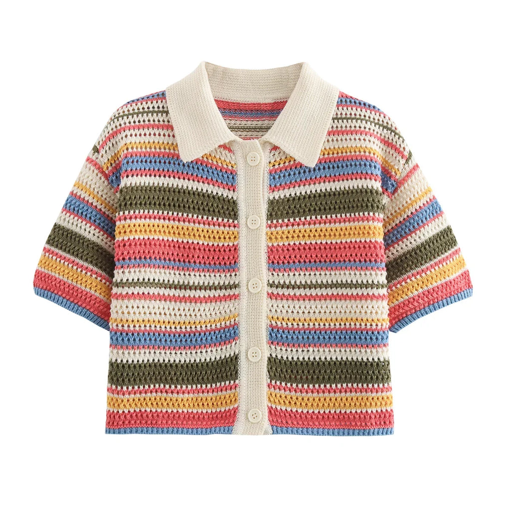 Color Stripe Knit Set Women Short Polo Neck Crop Top Retro Beach Shorts 2025 Summer Vacation Matching Outfit