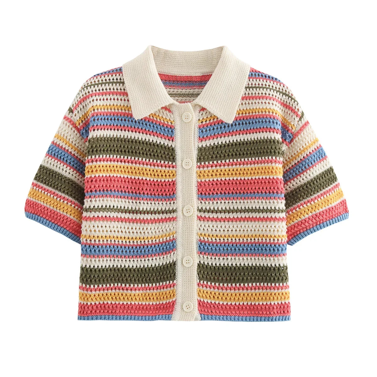 Color Stripe Knit Set Women Short Polo Neck Crop Top Retro Beach Shorts 2025 Summer Vacation Matching Outfit