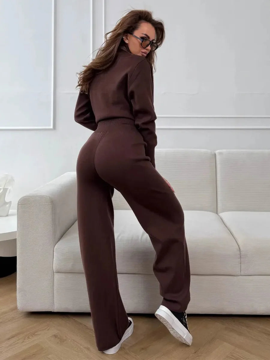 Women's Matching Sets Bornladies Women's New Knit Zip Up Cardigan Wide Leg Pants Set Soft Fabric Cropped Elastic Waist Autumn Winter Fashion Sweater