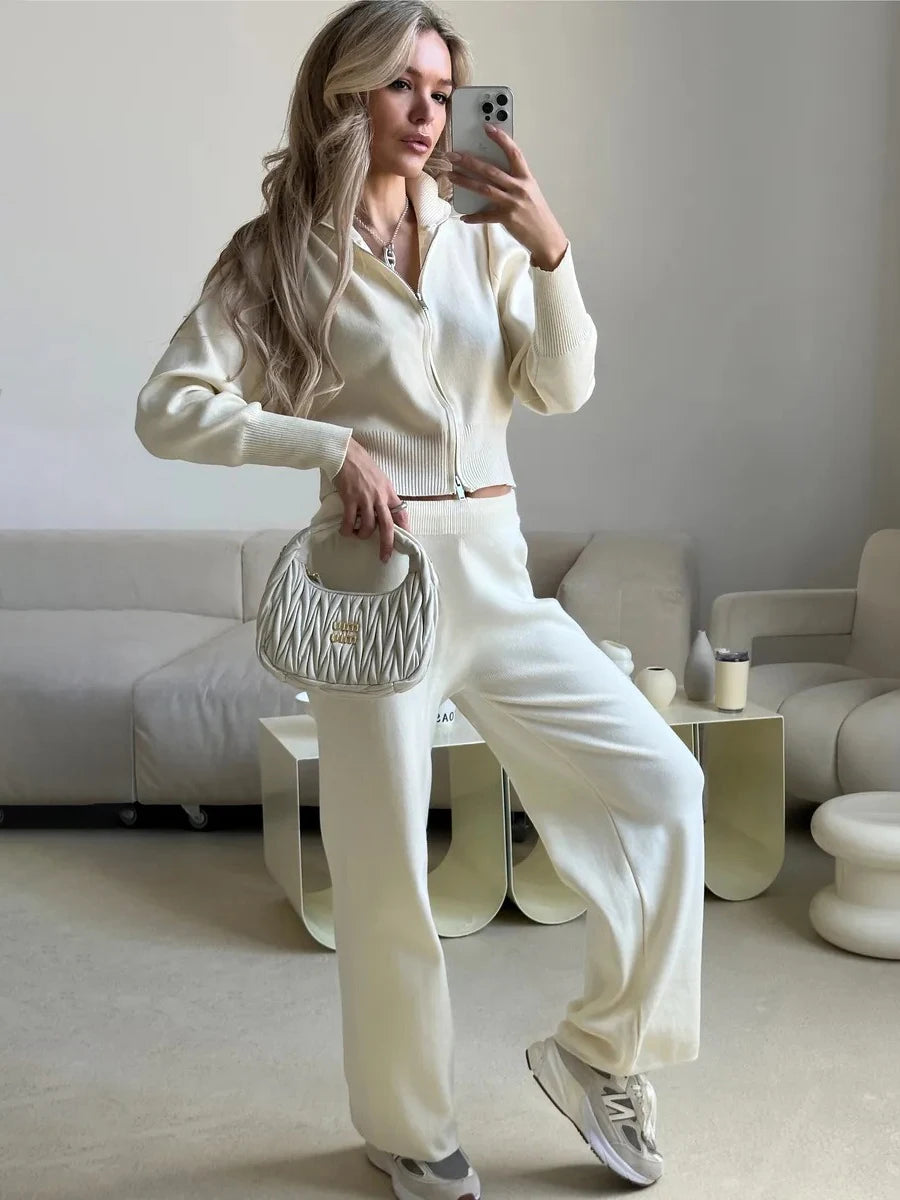 Women's Matching Sets Bornladies Women's New Knit Zip Up Cardigan Wide Leg Pants Set Soft Fabric Cropped Elastic Waist Autumn Winter Fashion Sweater