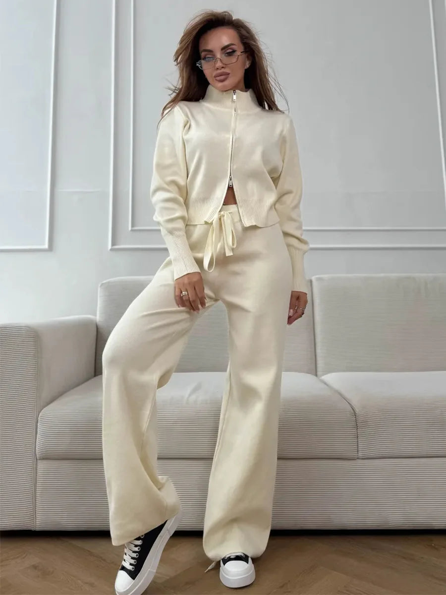 Women's Matching Sets Bornladies Women's New Knit Zip Up Cardigan Wide Leg Pants Set Soft Fabric Cropped Elastic Waist Autumn Winter Fashion Sweater
